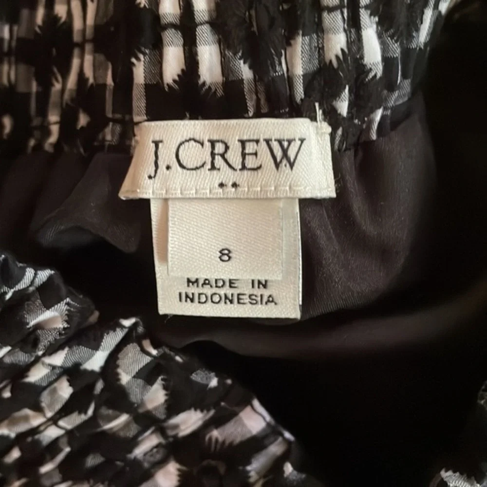 J.Crew Gingham‎ Mini Skirt Smocked Pull On Lined Black White Embroidered Size 8